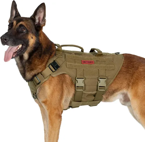 Miniatura 13 de OneTigris - Arnés táctico grande para perros, arnés de chaleco ajustable sin tirones, arnés de perro resistente con asa, paneles grandes de gancho