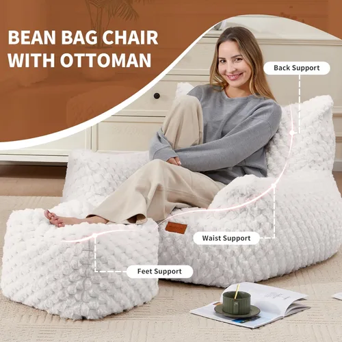 Miniatura 3 de Silla Puf con Otomana, Sofá Puf Gigante Moderno con Reposapiés, Sillas Puf Grandes de Descanso para Adultos y Adolescentes, Cómoda Silla de Lectura