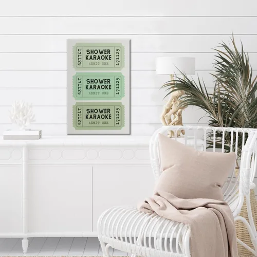 Miniatura 4 de Lienzo con impresión de karaoke para ducha, divertido arte de pared de baño, póster retro de boletos, color verde salvia, decoración de baño