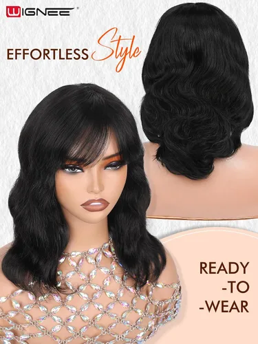 Miniatura 3 de WIGNEE Pelucas onduladas naturales con flequillo, 100% cabello humano brasileño, pelucas onduladas de moda, color negro natural