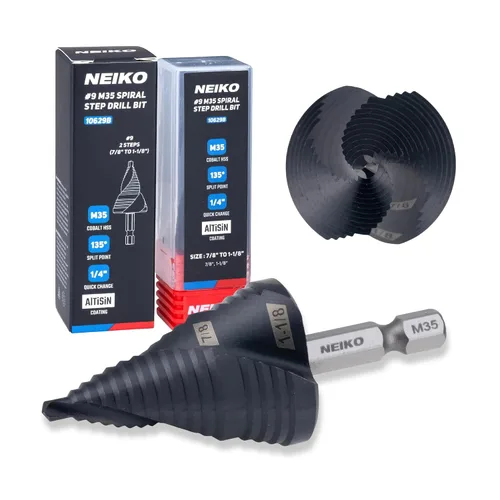 Miniatura 11 de NEIKO 10602B Step Drill Bit, 13 Steps 1/8" to 1/2" Spiral M35 Cobalt, AlTiSiN Coated, 1/4" Quick Change Step Bits for Steel, Metal, Wood, Plastic