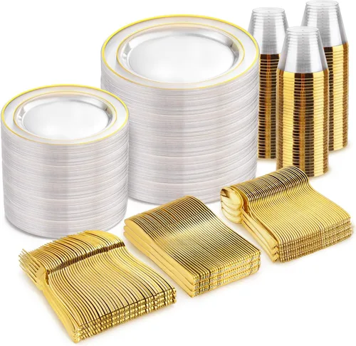 Miniatura 19 de bUCLA Juego de vajilla de plástico dorado desechable de 150 piezas, platos dorados resistentes que incluyen 25 platos de cena y 25 platos de postre