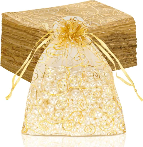 Bolsas de regalo de organza Staruby 100 unidades, bolsas de organza transparente dorada de 5 x 7 pulgadas, bolsas de favores con cordón, bolsas de