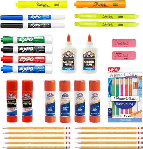 Sharpie Paquete de variedad de suministros escolares, mi primer paquete todo en uno, Expo, Paper Mate, palillos de pegamento Elmer’s, pegamento