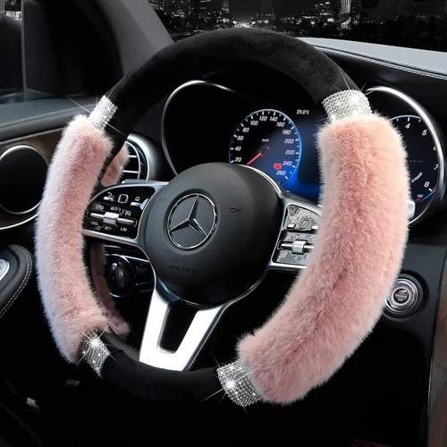Miniatura 3 de Achiou - Funda de volante esponjosa con diamantes de imitación, cómoda lana sintética de lujo antideslizante, ajuste universal para volantes de 14.5