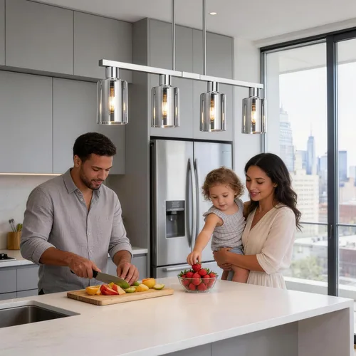 Miniatura 2 de Iluminación de isla de cocina de 4 luces, lámpara cromada para comedor, luz de isla para colgar sobre la mesa para candelabros lineales de granja