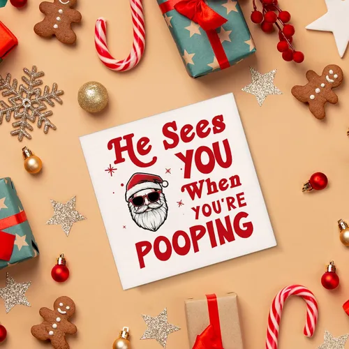 Miniatura 3 de Decoraciones de Baño para Navidad, Letrero "Él te ve cuando estás haciendo caca" 12.7 x 12.7 cm, Decoración divertida de Navidad