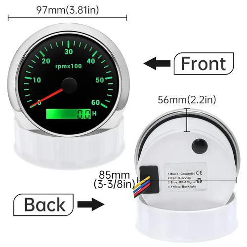 Miniatura 2 de ARTILAURA Tacómetro para Barco Tacometro 85mm 3-3/8" 6000 RPM Calibrador 7 Colores Impermeable para Marino Coche AUTO Camión 9-32V (Negro)