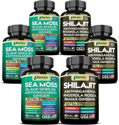 Miniatura 11 de Paquete de Shilajit y musgo marino, musgo marino 350 mg, aceite de semilla negra 200 mg, Ashwagandha 100 mg, cúrcuma, Shilajit 300 mg, Rhodiola