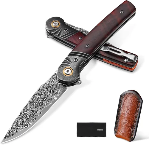 Omesio Cuchillo de bolsillo de damasco, hoja de acero de damasco de 3.27 pulgadas, mango de palisandro, cuchillo plegable EDC con clip y funda para
