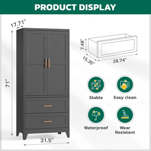 Miniatura 3 de Greenvelly Metal Storage Wardrobe Cabinet with Lock, Metal Wardrobe Closet with Doors and Shelves, Modern Clothes Closet for Office, Bedroom and