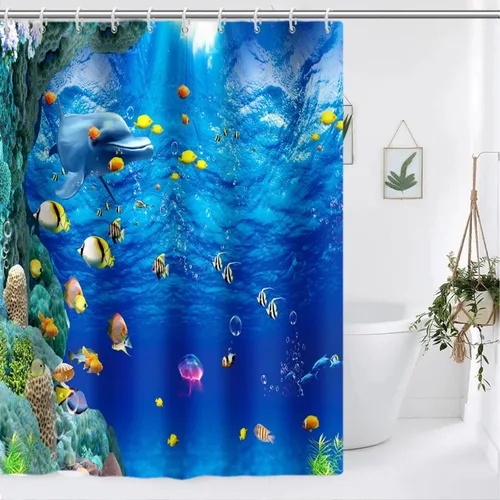 Miniatura 8 de Yeele Cortina de ducha con diseño de delfín, diseño de animales submarinos, tropical, con temática de vida silvestre, océano, azul, para baño