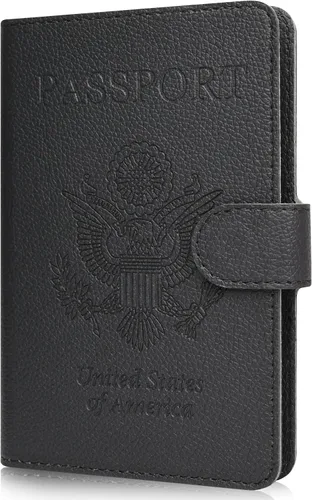Miniatura 13 de RSAquar Soporte para pasaporte para mujeres y hombres, de piel sintética de alta calidad, cartera de pasaporte de viaje, con bloqueo RFID, cubierta
