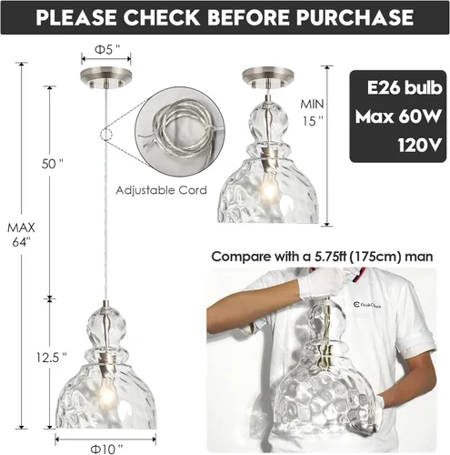 Miniatura 2 de Lámpara colgante de níquel cepillado para isla de cocina de cristal martillado, lámpara colgante de isla de 10 pulgadas, modernas luces colgantes