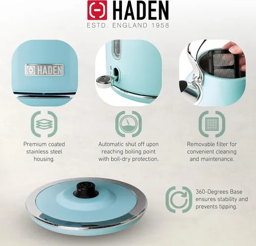 Miniatura 4 de Haden Heritage - Hervidor de agua eléctrico de acero inoxidable de 1,7 litros, hervidor de agua caliente con base de 360 grados y apagado Turquesa