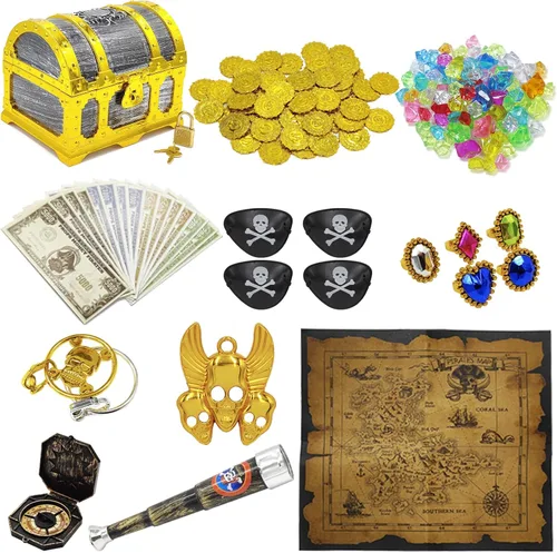 Juego de 182 piezas de cofre del tesoro pirata con marco dorado para niños, con candado, mapa, monedas, aretes, anillos, parche para ojos, brújula,