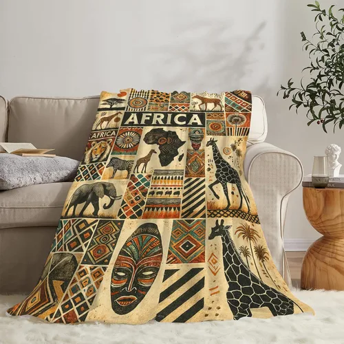 Miniatura 3 de Manta con diseño étnico de mapa tribal africano, diseño vintage de animales de safari africanos, manta suave y acogedora de vellón mullido, mantas