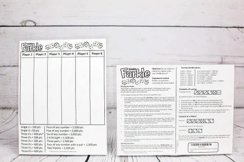 Miniatura 7 de YARD FARKLE SCORE CARDS with Rules on the back- Laminated Farkle Score Card, Reusable Score Card, Size- 8.5" x 11" (ONE Farkle Score Card)