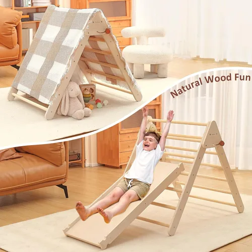 Miniatura 4 de PairPear Pikler - Juego de escalada triangular plegable para niños, 7 en 1, Montessori, grandes juguetes de escalada de madera, gimnasio de selva