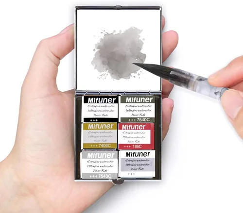 Miniatura 17 de Mini Juego de Caja de Lata de Viaje de Pintura de Acuarela de Artista Portátil Hecha a Mano con 6 Medias Bandejas Sólidas con Purpurina Nacarada