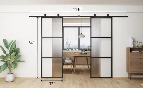 Miniatura 2 de BARNSMITH Puerta de granero de vidrio doble de 64 x 84 pulgadas con kit de herrajes montados en la parte superior de 11 pies, cierre suave, vidrio
