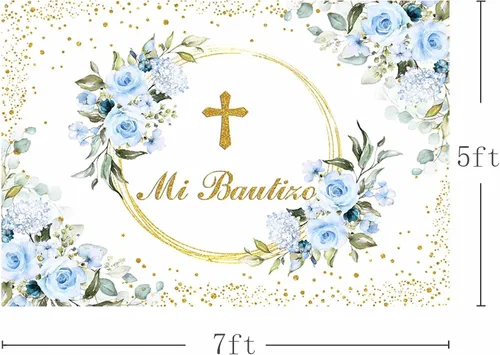 Miniatura 2 de AIBIIN Telón de fondo Mi Bautizo de 7 x 5 pies para niño, color azul, floral, bautismo, primera comunión, fotografía, fondo, bautizo, puntos