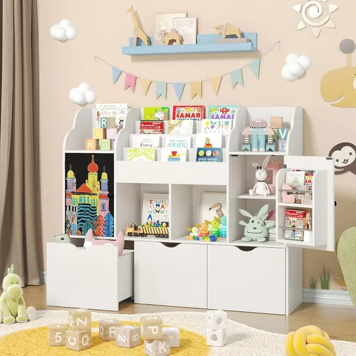 Miniatura 9 de Vabches Organizador de almacenamiento de juguetes de 70 pulgadas, estantería para niños en forma de castillo con 2 cajones extraíbles, 2 gabinetes
