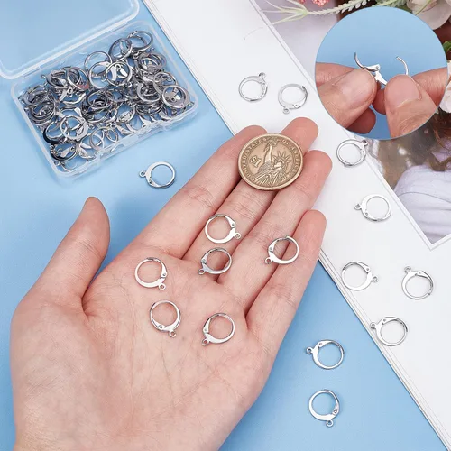 Miniatura 3 de SUNNYCLUE 1 caja de 80 piezas Huggie Hoop 0.591 in ganchos redondos para aretes de palanca de acero inoxidable con bisagras con bucles, alambres 80