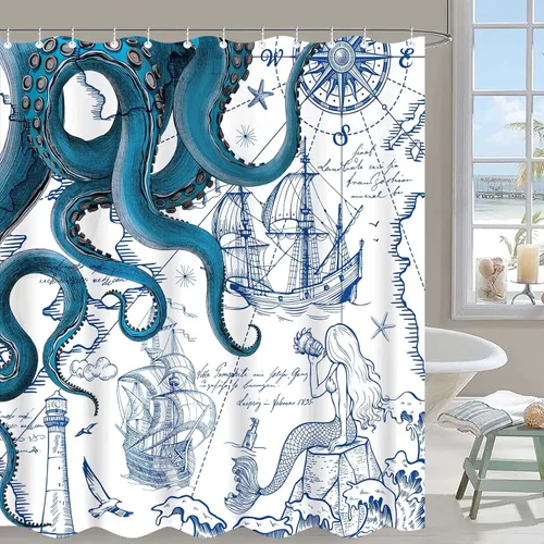 Miniatura 30 de Fungarth Cortina de ducha de pulpo náutico azul, sirena azul marino, divertida cortina de ducha estilo kraken del océano para baño, ancla fresca