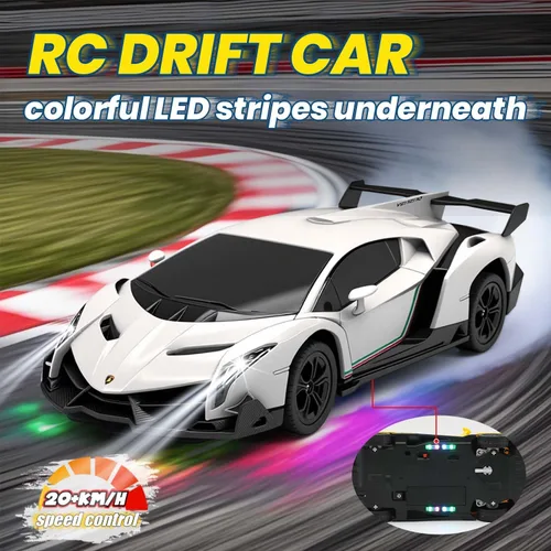 Miniatura 3 de QUN XING Coche de control remoto 1:24 oficialmente licenciado Lambo veneno RC Drift Car con luces LED 2.4GHz 4WD 15KM/H de alta velocidad, batería