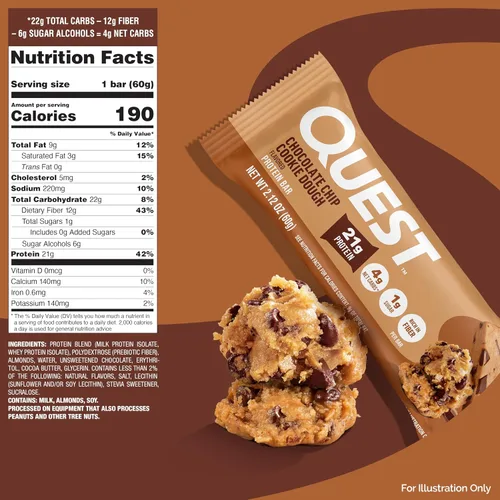 Miniatura 7 de Quest Nutrition Barras de proteína de masa de galletas con chispas de chocolate, 21g de proteína, 1g de azúcar, 4g de carbohidratos netos, alto