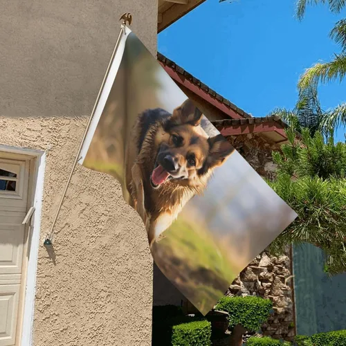 Miniatura 5 de Bandera de perro pastor alemán corriendo de 3 x 5 pies para exteriores, divertida bandera de jardín, bandera de doble cara, pancarta de bienvenida