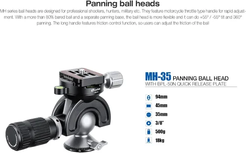 Miniatura 5 de Leofoto Cabezal de bola MH-35 de 1.378 in, con control de manillar, compatible con arca, ideal para tiro al blanco