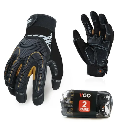 Vgo 2 pares de guantes de trabajo de seguridad - Guantes de mecánicos, de impacto, antivibración, de aparejador, resistentes (XXL, negro, SL8849IP)