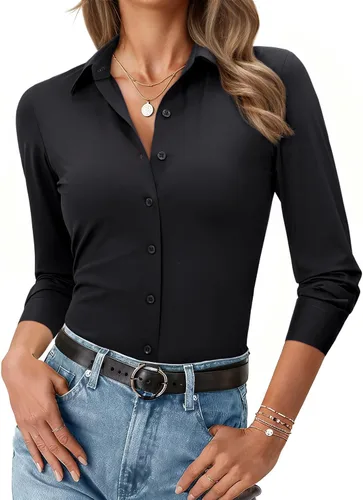 Miniatura 11 de Camisa con botones para mujer, ajustada, elástica, sin arrugas, para mujer, de manga larga, con cuello, blusa de trabajo para uso casual