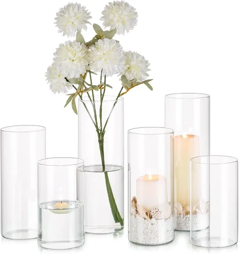 Miniatura 11 de Glasseam Jarrón cilíndrico de vidrio transparente, 6 jarrones de cristal para centros de mesa, pilar moderno de huracán o portavelas flotante