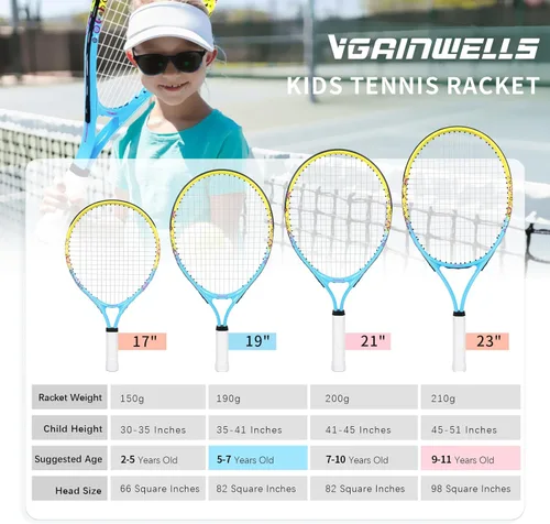 Miniatura 7 de Raqueta de tenis para niños de 17"-23" para edades de 2-9 años, ligera y duradera, incluye 1 raqueta de tenis para niños pequeños y 1 cintas