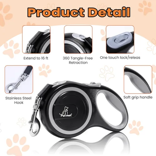 Miniatura 4 de Correa retráctil para perro, extensible hasta 16 pies, cinta de nailon resistente, sin enredos, freno y bloqueo con una sola mano, para perros