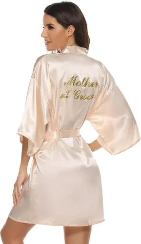 Miniatura 4 de Vlazom - Bata corta, kimono de satén para mujer, para novia y dama de honor, batas para fiestas de boda con brillantes dorados o diamantes