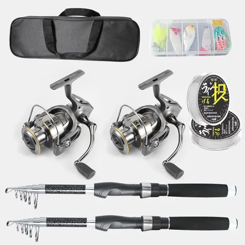 Miniatura 4 de Paquete de 2 cañas de pescar combinadas, carretes giratorios de fibra de carbono, bolsa transportadora de pesca para viajes, agua salada y agua dulce