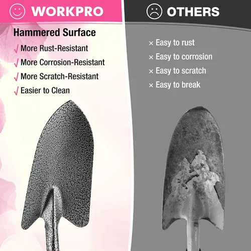 Miniatura 5 de WORKPRO Juego de herramientas de jardín rosa de 6 piezas, herramientas manuales de jardinería resistentes con mango de goma suave, incluyendo