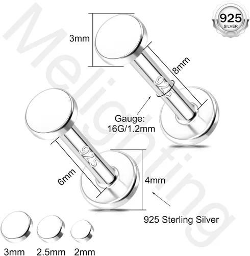 Miniatura 6 de Melighting Aretes de hélice de plata esterlina 925 para cartílago, roscados internamente, tragus, aretes de espalda plana, 6/0.315 in, piercing