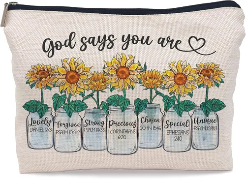 Regalos inspiradores de girasoles con texto en inglés "God says you are alenting", bolsa de maquillaje, bolsa de cosméticos, bolsa con cremallera,