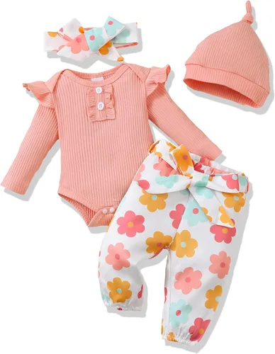 Miniatura 48 de Renotemy Conjunto de ropa para bebé recién nacida, mameluco con volantes, pantalones florales, lindo conjunto de ropa para bebé niña