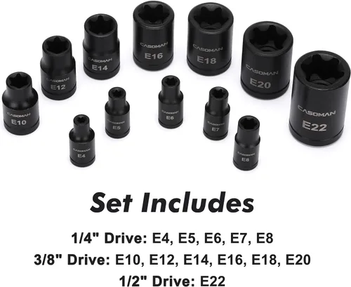 Miniatura 5 de CASOMAN Juego de 25 piezas de dados Torx y enchufes externos, 13 puntas de enchufe estrella (T8- T60) y 12 enchufes E-Torx hembra (E4-E22)
