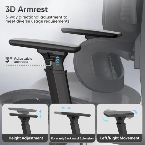 Miniatura 8 de Silla de oficina ergonómica, silla de escritorio ajustable con respaldo alto y asiento ajustable, reposabrazos 3D, bloqueo de inclinación reclinable