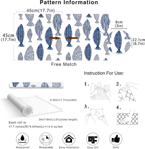 Miniatura 8 de HAOKHOME Papel tapiz autoadhesivo para despegar y pegar, diseño abstracto de peces costeros, enrejado del mundo submarino, papel de contacto