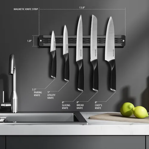 Miniatura 5 de Juego de cuchillos negros de 6 piezas con tira magnética para pared, juego de cuchillos magnéticos ultra afilados para cocina, apto