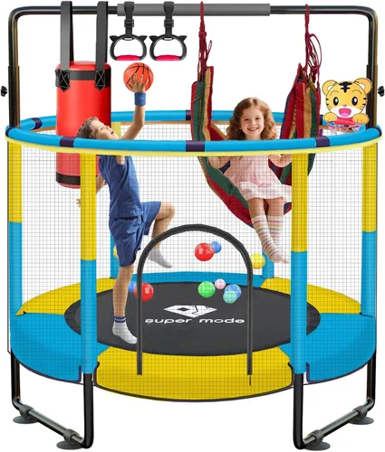 Miniatura 11 de Trampolín de 55 pulgadas para interiores y exteriores para niños con recinto, trampolín para niños pequeños con barra de gimnasia ajustable y Azul