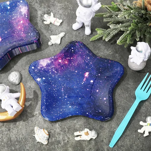 Miniatura 5 de Whaline 40 platos de papel de estrella, platos desechables de galaxia espacial, coloridos platos decorativos de postre para vacaciones, cumpleaños